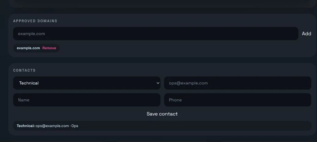 Enterprise governance controls for approved domains and workspace contacts.