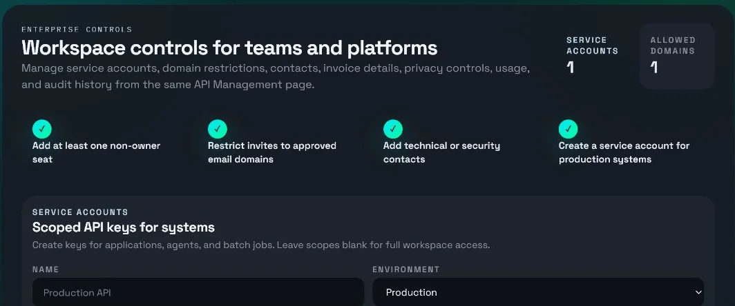 Enterprise controls in API Management showing service accounts, approved domains, and setup checklist.